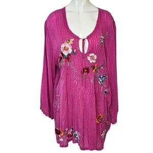 Johnny Was Embroidered Tie Front Keyhole Long Sleeve Blouse, Pink, Floral, 2X